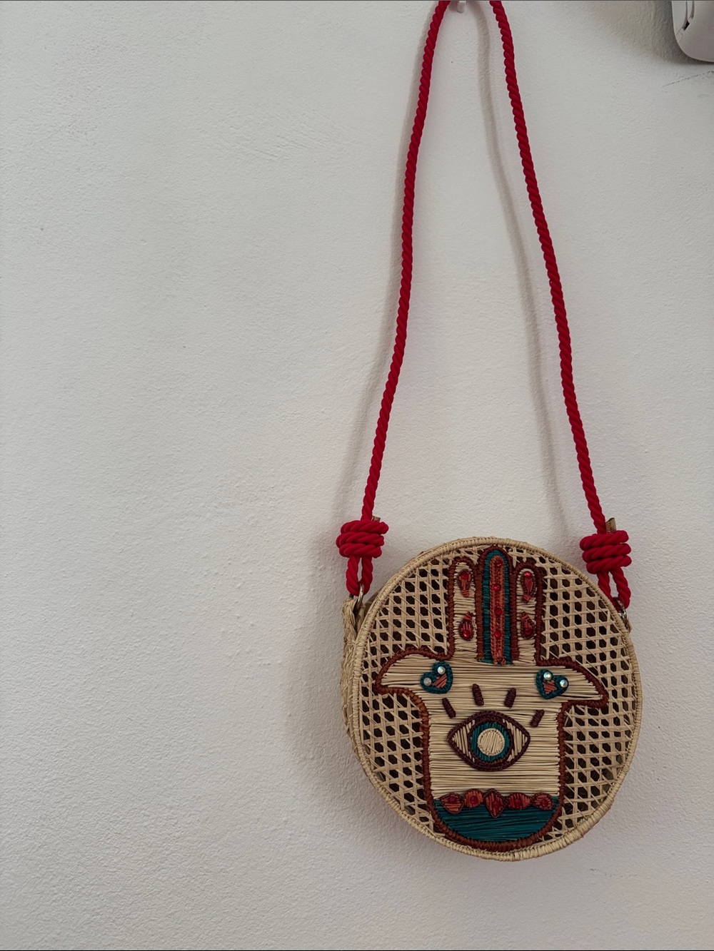 Round Woven Hamsa Crossbody Bag with Red rope Strap